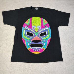 VINTAGE Lucha‎ Libre Mask T-Shirt Size XL Black Neon Merida Yucatan Mexico